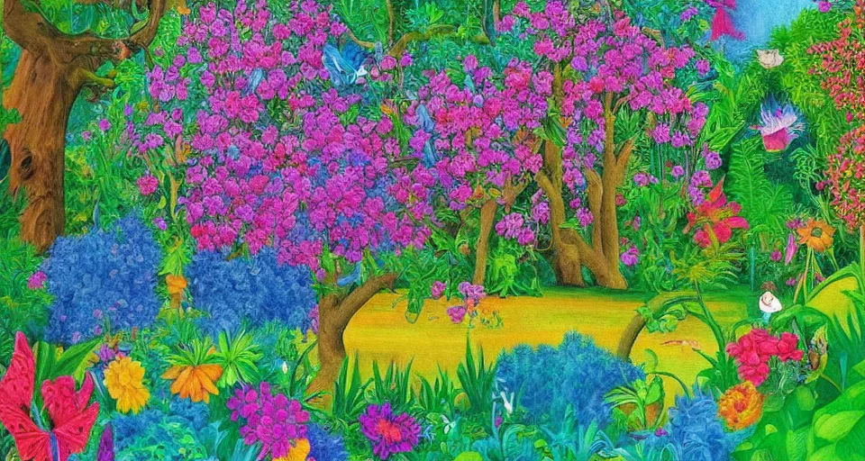 Prompt: bosch painting of a garden using lisa frank colors