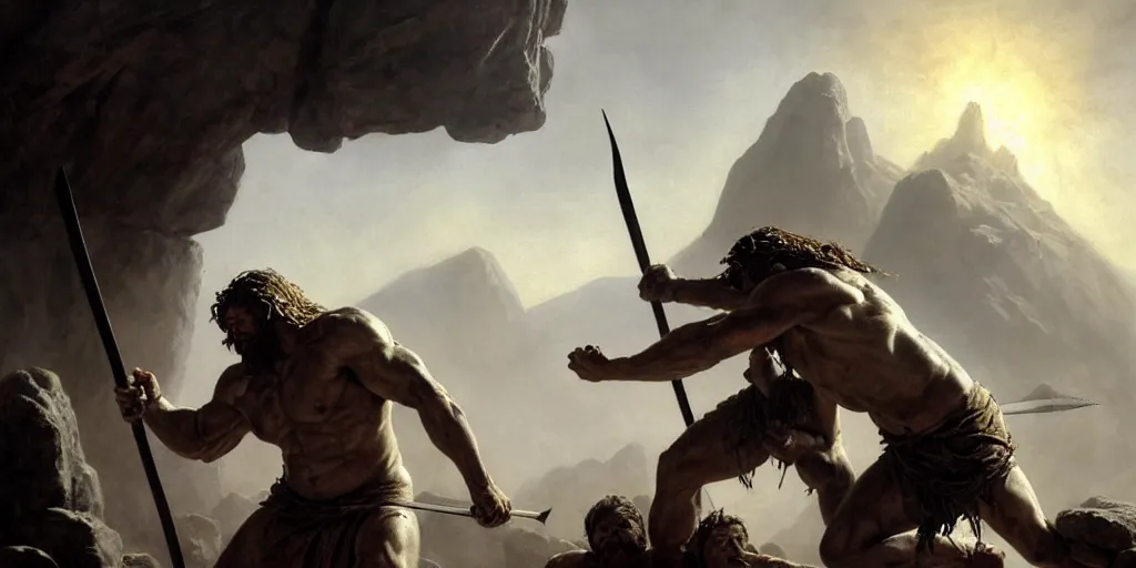 Image similar to realistic painting of biblical Cain stabbing Abel in the chest with a spear, a stone altar with white smoke ascending in the background, masculine and rugged, inspired art by Frazetta + facial symmetry + dramatic volumetric lighting, 8k octane render, intricate, epic composition, grim yet sparkling atmosphere, cinematic lighting + masterpiece, trending on artstation, very detailed, masterpiece, stunning