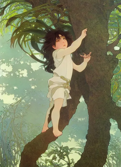 Image similar to young boy with long hair, climbing a tree, path traced, highly detailed, high quality, digital painting, by studio ghibli and alphonse mucha, leesha hannigan, hidari, art nouveau, chiho aoshima, jules bastien - lepage