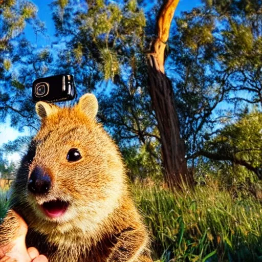 Image similar to happy quokka taking a selfie and smoking a joint, golden hour, ultra realistic