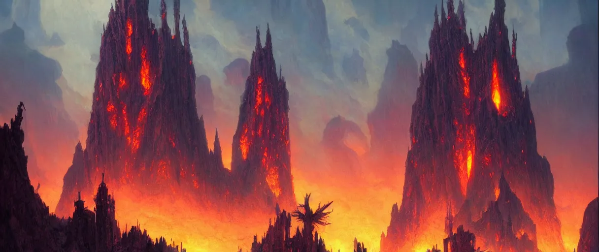 Prompt: A fantasy evil citadel with lava and smoke and fire beautiful matte painting, Moebius, james gurney, thomas kinkade, rodney mathews, trending on artstation