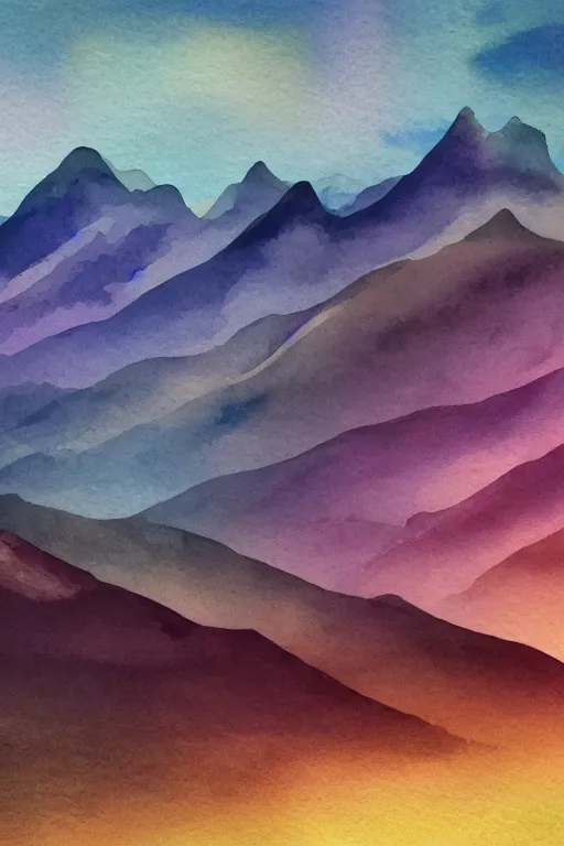 Prompt: beautiful digital matter watercolor of mountains layered mountains in watercolor greg rutkowki artstation