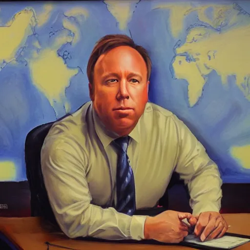 Image similar to alex jones inside an american office under fluorescent lights, oil painting