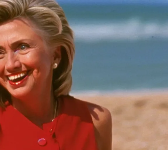 Prompt: color still shot of hillary clinton on baywatch 1 9 8 9 tv show, face closeup,