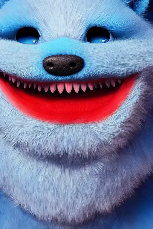 Image similar to a blue furry creature with [ bulging eyes ]!!!, [ [ immensely red large lips ] ]!!!, sharp teeth, 4 k photorealistic [ quality ], trending on cgsociety, horror art, eerie art style