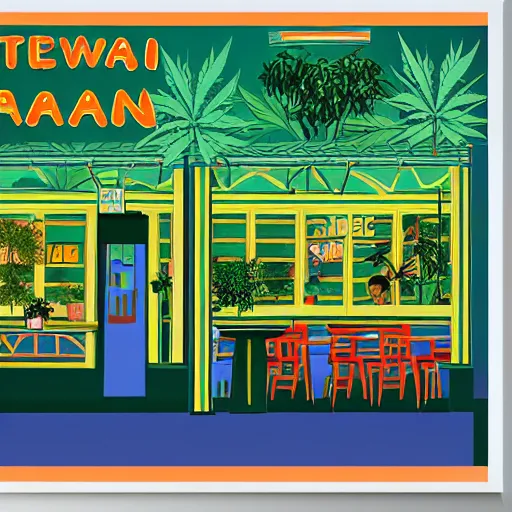 Image similar to taiwanese style cafe australian, decorated with cannabis pot plants 🪴 utopia frontage, pop art poster, beautiful colors pastel palette by will barnet