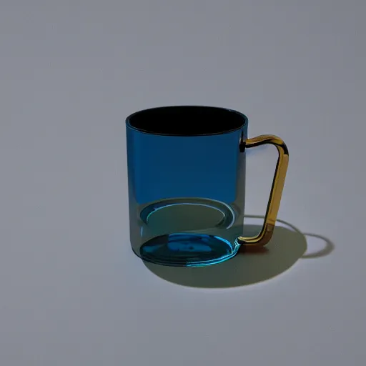 Image similar to an ultra high definition professional studio quality photograph of a transparent perspex cube shaped pastel coloured mug on a white plinth in an empty white room. dramatic lighting, ray tracing, refraction, shallow d. o. f, colour corrected, golden ratio, three point light.