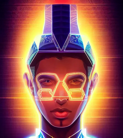 Image similar to symmetry!! egyptian prince of technology, solid cube of light, hard edges, product render retro - futuristic poster scifi, lasers and neon circuits, brown skin man egyptian prince, intricate, elegant, highly detailed, digital painting, artstation, concept art, smooth, sharp focus, illustration, dreamlike, art by artgerm