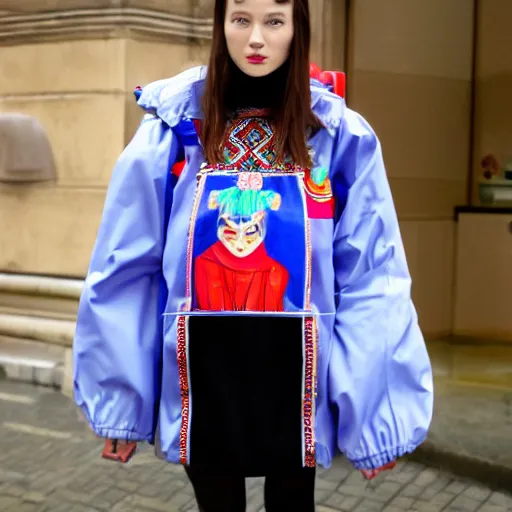 Prompt: russian girl wearing an anorak designed by balenciaga inspired by japanese miko priestess clothes