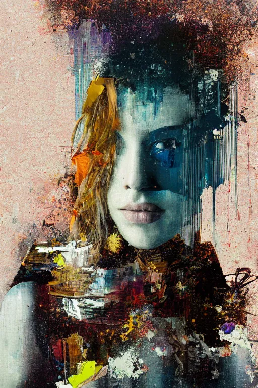 Image similar to a beautiful glitched painting by robert proch of a woman in a glitched bathroom, metal rust and plaster materials, pixel sorting, color bleeding, brushstrokes by jeremy mann, still life, dark colors