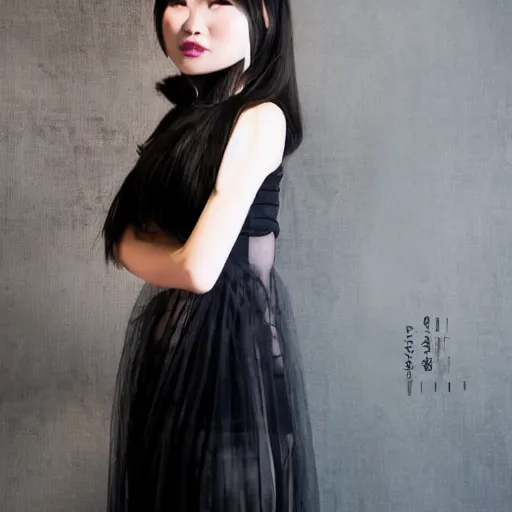 Image similar to cute vietnamese girl in semitransparent club dress, dark techno trip