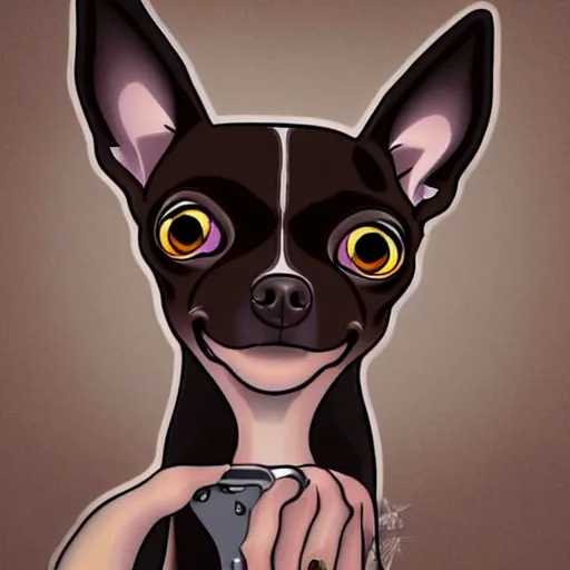 Prompt: a dark brown chihuahua, hyper detailed, in the style of junji ito, selfie shot straight on angle