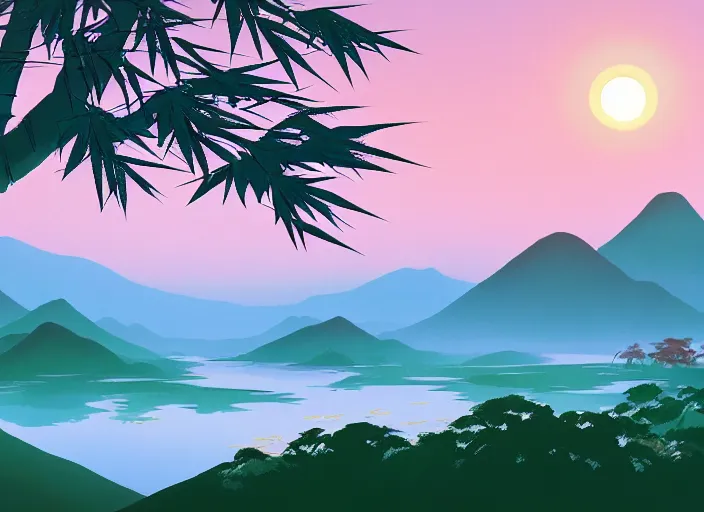 Image similar to misty japanese bamboo forest, lake foreground, large distant mountain with waterfall, sunny, cartoony, stylized anime, sun rays, soft, moody lighting, by hayao miyazaki, ghibli studio, makoto shinkai, toei animation, studio trigger, trending on artstation, 4 k, hd