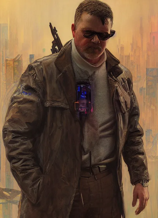 Image similar to Modern Teddy Roosevelt. Cyberpunk bouncer. blade runner 2049 concept painting. Epic painting by James Gurney, and Alphonso Mucha. ArtstationHQ. painting with Vivid color. (rb6s, Cyberpunk 2077)