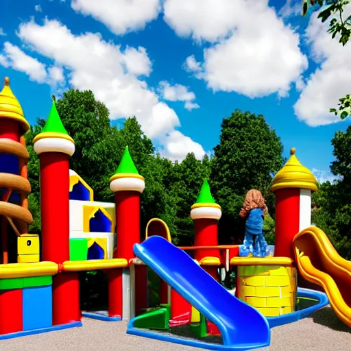 Prompt: A children playground in the same layout as the first level of Super Mario Bros, panorama stock photo