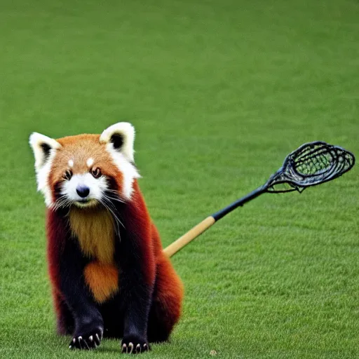 Image similar to national geographic photograph of a red panda playing lacrosse