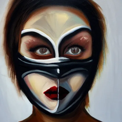 Prompt: macabre female noir with a mask and stitches, oil painting, dark, dramatic lighting, shadow,