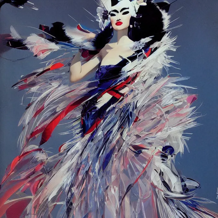 Image similar to feathered geisha, full body, high fashion, futurist, aerodynamic, fragile, intricate, slick, highly detailed, digital painting, neotenous, concept art, smooth, sharp focus, hd, art by syd mead and john berkey and annie leibovitz