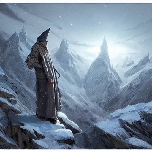 Image similar to a powerful wizard casting a spell on a snowy mountain top, greg rutkowski, 8 k, shallow depth of field, intricate detail, concept art,