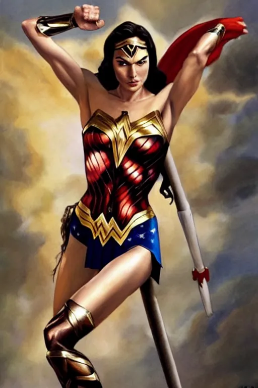 Prompt: Gal Gadot as Wonder Woman with athletic body, painting from Kingdom Come Alex Ross