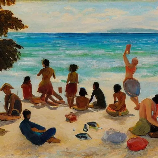 Image similar to A beautiful computer art of a group of people on a beach. The colors are muted and the overall tone is serene. The people are all engaged in different activities, from reading to playing games, and the artwork seems to be capturing a moment of peace and relaxation. by Max Pechstein beautiful