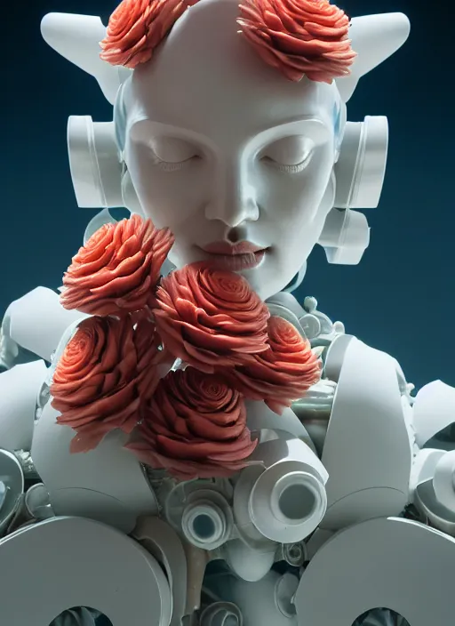 Image similar to perfume sitting on biomechanical corals, daisies, roses in sea foam water, well contoured smooth fair walls with marble statue, up close shot, sharp focus, global illumination, radiant light, alexandre ferra white mecha, irakli nadar, octane highly render, 4 k, ultra hd,
