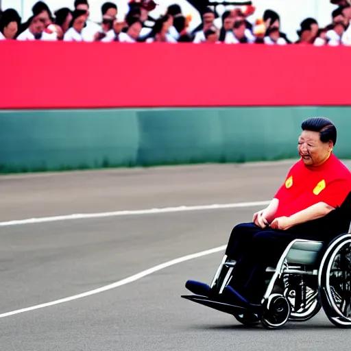 Image similar to xi jinping in a wheelchair racing formula 1 track