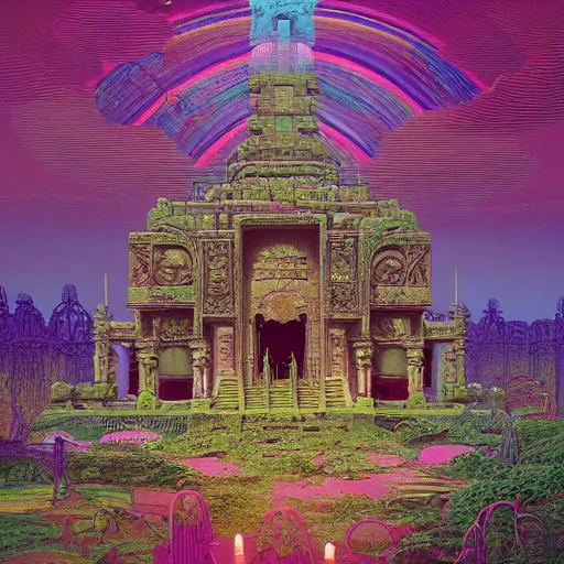 Image similar to overgrown jain temple of death with glowing mayan rainbow skulls, by michael whelan and moebius and beeple and kilian eng and dan mcpharlin and pascal blanche and jamie hewlett and richard dadd, symmetrical, magical stormy reflections, smoke on water, 8 k hi - res, acid, metropolis disco laser rays