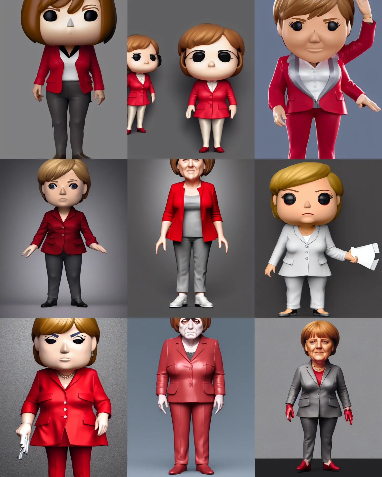 Prompt: full body 3d render of angela merkel as a funko pop!, studio lighting, grey background, red suit, single person, no shadow, blender, trending on artstation, 8k, highly detailed