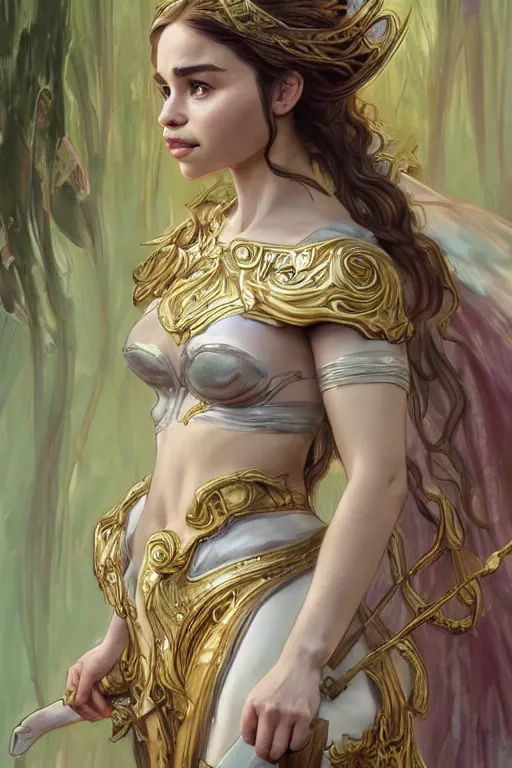 Image similar to Emilia Clarke wearing Palutena Outfit, cute, fantasy, intricate, elegant, highly detailed, digital painting, 4k, HDR, concept art, smooth, sharp focus, illustration, art by artgerm and H R Giger and alphonse mucha