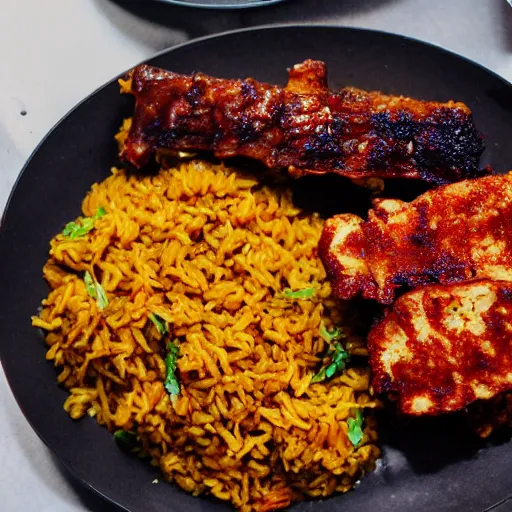 Image similar to jollof rice with fried haloumi cheese on the side, bbq ribs on the side, and lentils next to jollof