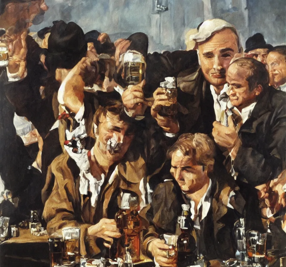 Prompt: Marlon Brando attending the Oktoberfest in search of beer. A realistic painting by Adolf Eberle.