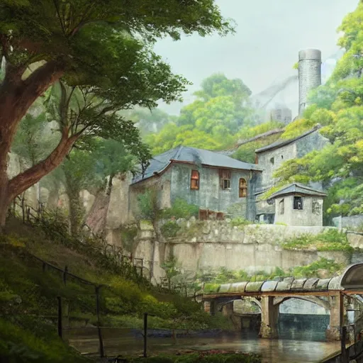 Image similar to concept art painting of a historic mill with european and japanese architecture, by a river, in a woodland village surrounded by trees and mountains, realistic, detailed, cel shaded, in the style of makoto shinkai and greg rutkowski and james gurney