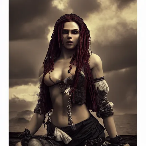 Image similar to full body pose, hyperrealistic photograph of a beautiful pirate woman, dim volumetric lighting, 8 k, octane beautifully detailed render, extremely hyper detailed, intricate, epic composition, cinematic lighting, masterpiece, trending on artstation, very very detailed, stunning, hdr, smooth, sharp focus, high resolution, award, winning photo, dslr, 5 0 mm