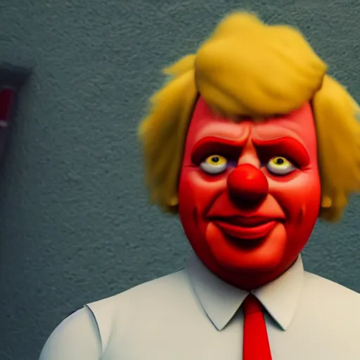 Prompt: Boris Johnson with evil Ronald McDonald body, realistic artstyle, wide shot, dramatic lighting, octane render, hyperrealistic, high quality, highly detailed, HD, beautiful, cinematic, 8k, unreal engine, facial accuracy, symmetrical