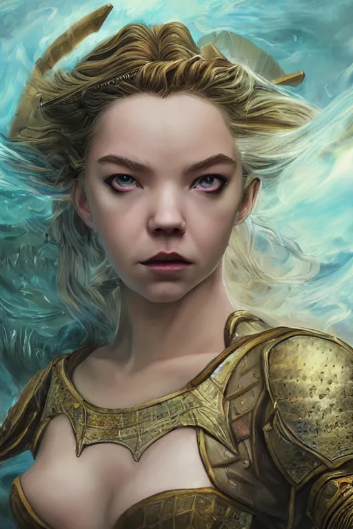 Image similar to A fantasy comic book style, composite hybrid portrait painting of Anya Taylor-Joy, and Cory Chase as a youthful Atlantean, Reptilian Warrior, Mystical Valkyrie, Modest light Armor, Sword, Sheild, Spear, François Boucher, Oil Painting, unreal 5, DAZ, hyper-realistic, Photorealistic, octane render, Regal, Refined, Coherent, Detailed Digital Art, RPG portrait, William-Adolphe Bouguereau, Michael Cheval, Walt Disney (1937), Steampunk, Hieronymus Bosch, Golden dappled dynamic lighting, Highly Detailed, Theophanic atmosphere, Cinematic Lighting, Unreal Engine, 8k, HD
