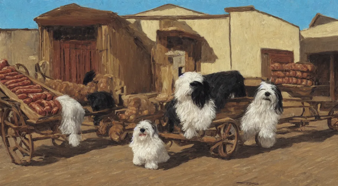 Image similar to a scene of a havanese dog next to a large cart piled high with sausages and ham, a large cream - colored havanese dog looks at the cart, outside a hacienda in cuba, 1 9 0 0, tartakovsky, atey ghailan, goro fujita, studio ghibli, rim light, mid morning lighting, clear focus, very coherent