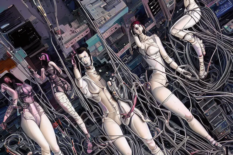 Image similar to a cyberpunk illustration of a group of female androids in style of hajime sorayama, lying on an abstract, empty, white floor with their body parts scattered around and cables and wires coming out, by katsuhiro otomo and masamune shirow, hyper-detailed, intricate, colorful, view from above, wide angle, beautiful