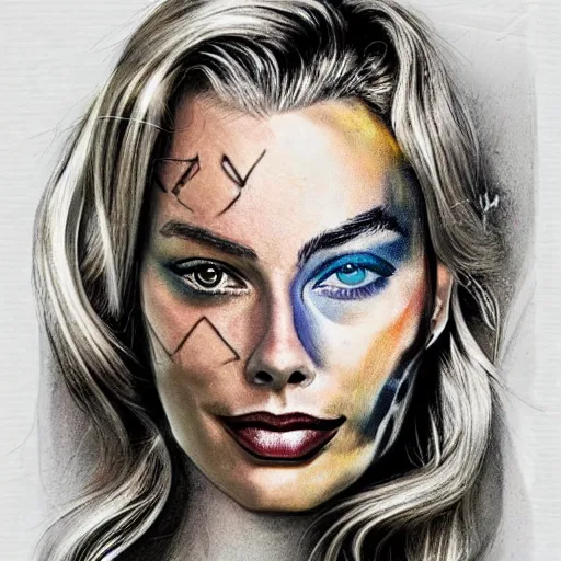 Image similar to face morph tattoo design sketch of margot robbie blended in beautiful mountain scenery, in the style of arlo dicristina, amazing detail