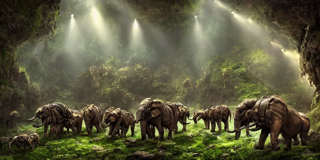 Image similar to herd of magnificent mechanical steampunk elephants looking eerily into a cave entrance with lush vegetation and mystical (((glowing algae))) in the dawn, light coming through from holes in the ceiling, waterfalls, desaturated, creepy ambiance, dangerous, sharp focus, highly detailed, artgerm