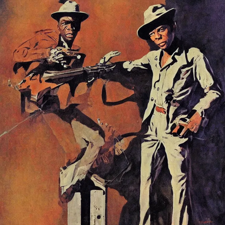 Image similar to scifi Robert Johnson by Robert McGinnis, pulp comic style, circa 1958, photorealism