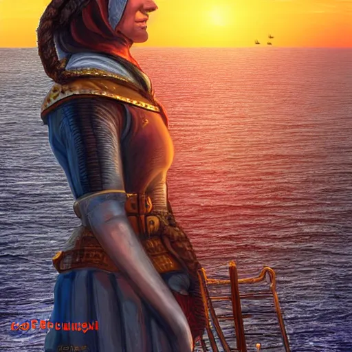 Image similar to portrait of a woman medieval ship pilot on a ship looking into the sunset on the sea, wearing breastplate, hair in side part, digital art, bokah, high fantasy art style