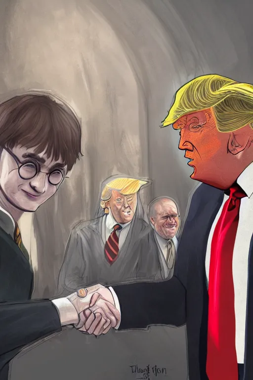 Image similar to harry potter shaking hands with donald trump, highly detailed, digital art, sharp focus, trending on art station