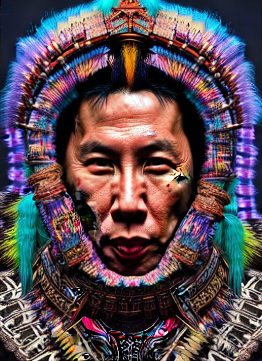 Image similar to portrait of donnie yen, hyper detailed ultra sharp aztec shaman warrior. trending on artstation, warpaint aesthetic, bloodwave, colorful, psychedelic, ornate, intricate, digital painting, concept art, smooth, sharp focus, illustration, art by artgerm and greg rutkowski and h. r. giger, 8 k