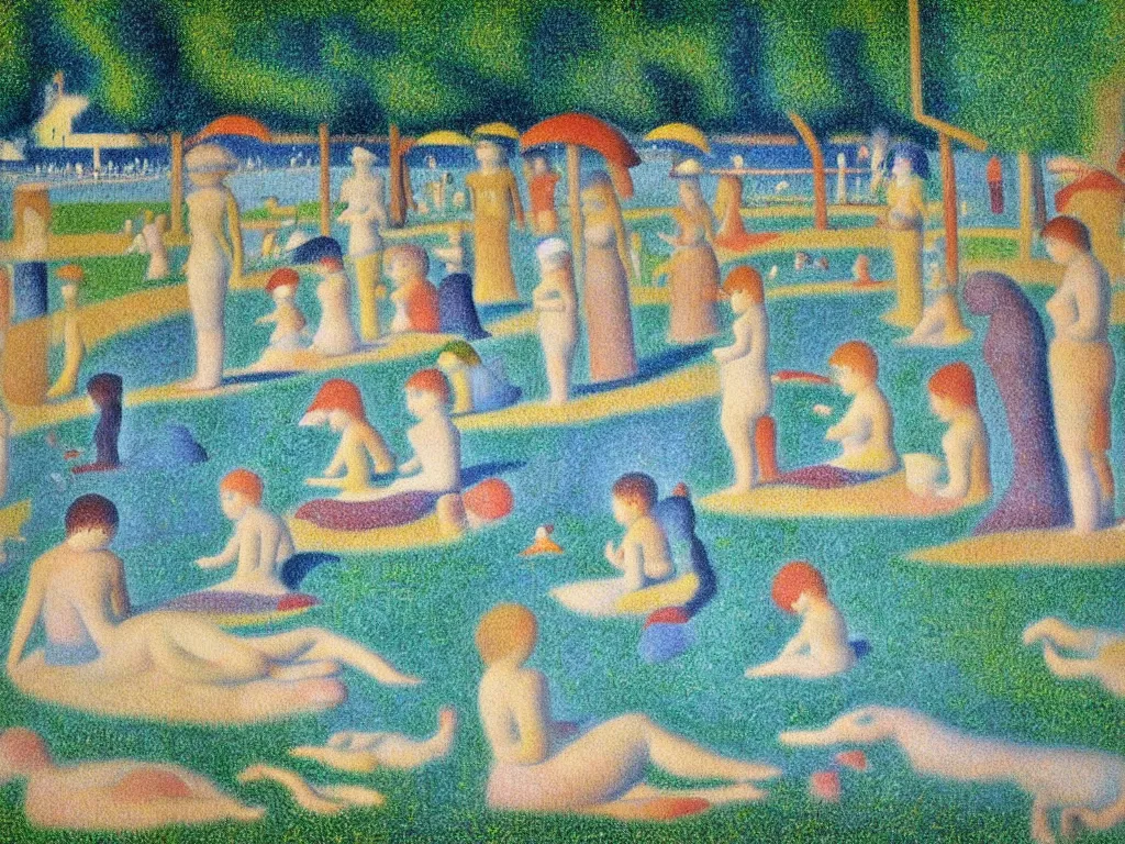 Prompt: Bath scene. Drawing by Georges Seurat