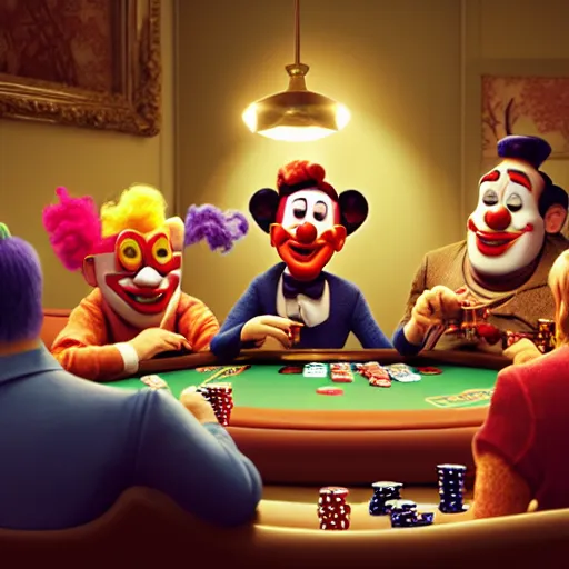 Prompt: pixar clowns playing poker, smiling maniacally | glamorous oily soft polished rich ornate modern | weta disney pixar movie still photo | hi - fructose, sci fi fantasy, smooth, octane render, sharp focus, artstation, concept art | artgerm, mucha, rutkowski, feng zhu, wlop, loish