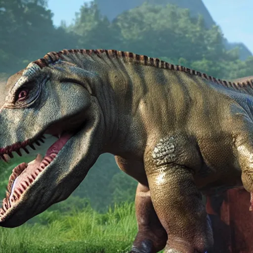 Prompt: acrocanthosaurus in jurassic world evolution game