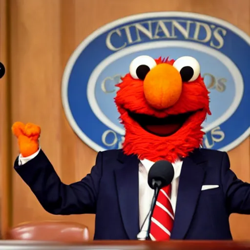 Prompt: Elmo wearing a suit, sitting in front of a microphone, shouting at congress.