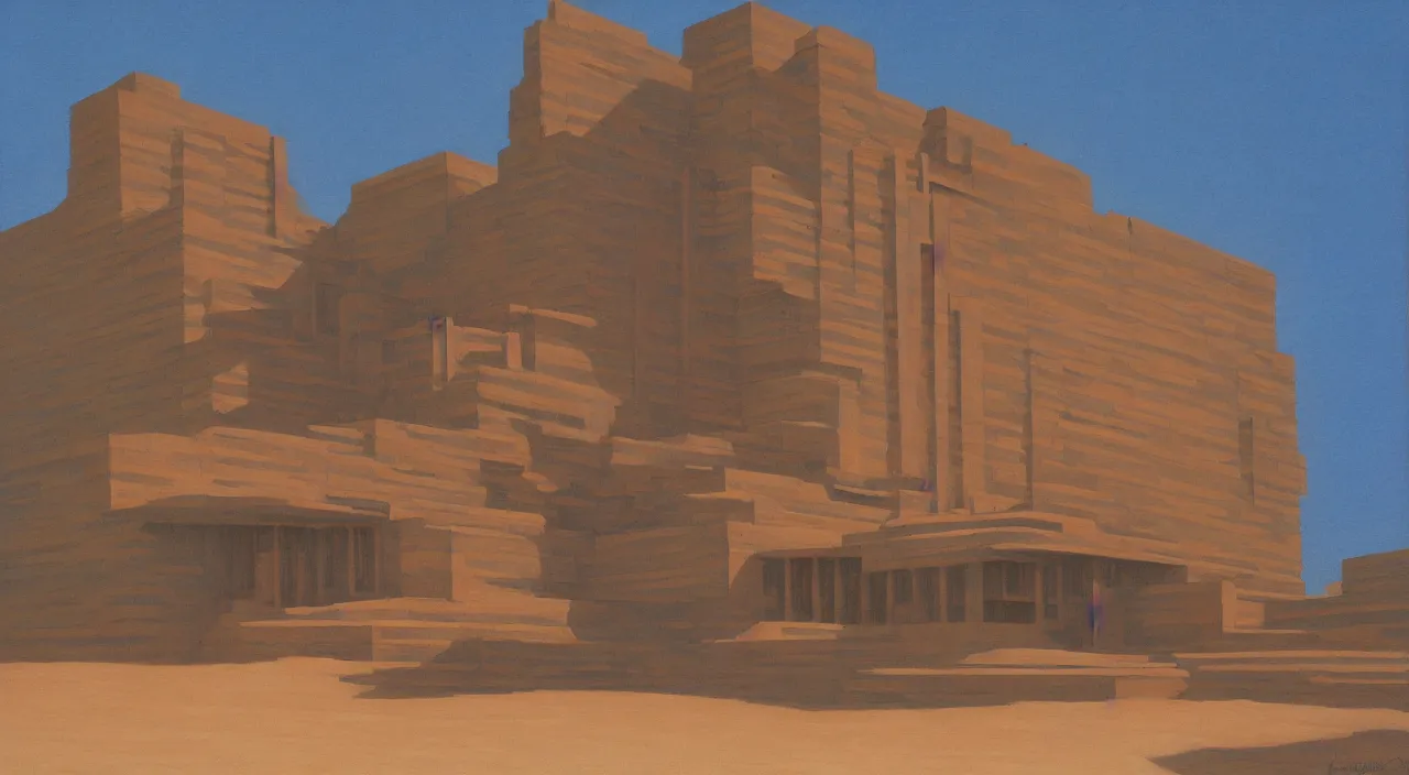 Image similar to chiaroscuro gouache by james gurney. building designed by frank lloyd wright. dune palace.