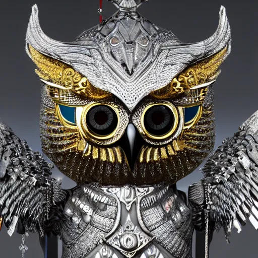 Image similar to warrior wearing jewel encrusted metal owl armour, highly detailed, 4k, HDR, smooth, sharp focus, hyper realistic, high resolution